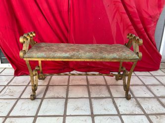 Vintage Hollywood Regency Gold Wrought Iron Scroll Bench