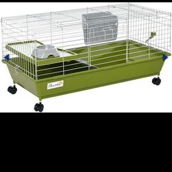PawHut 35" L Small Animal Cage, Rolling Bunny Cage, Guinea Pig Cage with Food Dish, Water Bottle, Hay Feeder, Platform, Ramp for Chinchilla, Green