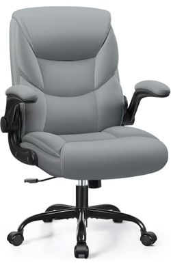 Leather Office Chair, Small PU Ergonomic Desk Chair, Comfy Computer Chair with Wheels and Flip-up Armrests, Adjustable Height Mid Back Executive Offic
