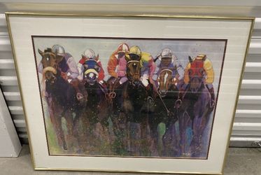 Framed Double Matted Equine Art by Yoel (Del Mar Thoroughbred Club Horse Racing Where The Turf Meets the Surf ?!) 🖼️ Approx 35 X 1 X 28 * Hairline c
