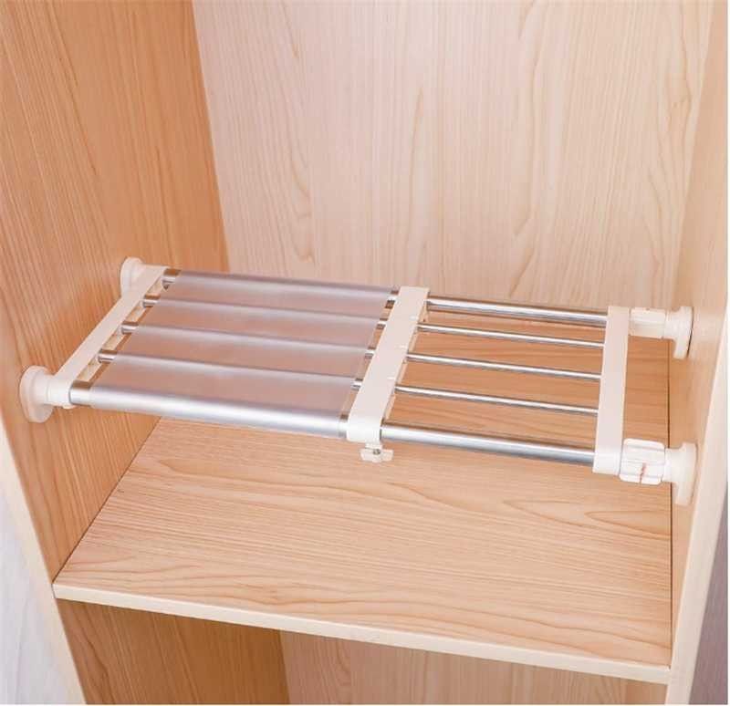 Closet Tension Shelf & Rod Expandable Metal Storage Rack Adjustable Organizer DIY Divider Separator for Cabinet Wardrobe Cupboard Kitchen 15-24 inches