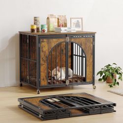 31 Inch Foldable Dog Crate Furniture, Wooden Dog Kennel, Brown for Medium Small Dogs (20-35 lbs), Quick Assembly, Glide Wheels, Spring Locks, Indoor,