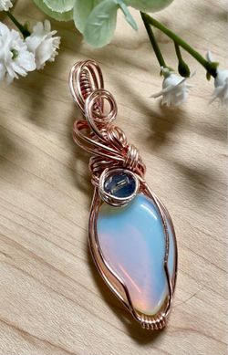 Opalite & Blue Accent Wire-Wrapped Pendant – Rose Gold-Plated Wire
