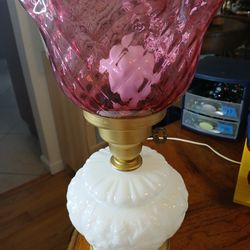 VTG Milk Glass Hurricane Lamp with Cranberry Shade