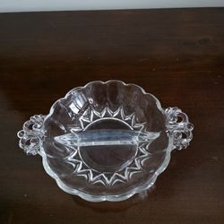 Pressed glass divided candy or relish dish with ornate handles