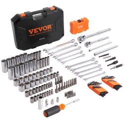 VEVOR Mechanics Tool Set and Socket Set, 1/4" and 3/8" Drive Deep and Standard Sockets, 145 Pcs SAE and Metric Mechanic Tool Kit with Bits, Combinatio