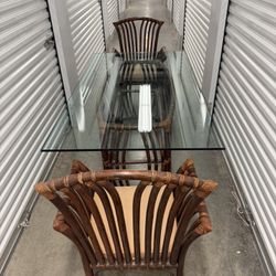Rattan dining table with glass top and 2 chairs, 40×72x30