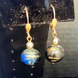 A Gold Murano Round of a Blue Golbe Bead Earrings