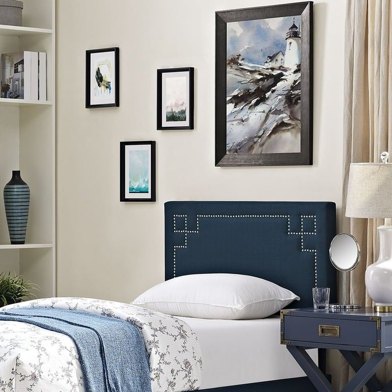Navy Blue Upholstered Twin Bed Frame with Slats And New Mattress