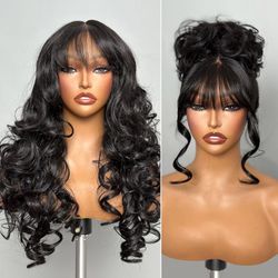 GORGIUS Long Natural Black Glueless Wavy Wig w/BangS Human Hair Blend 20” *NEW*