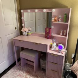 Pink Vanity With Lights And Chair 