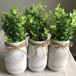 Chalk Painted & Distressed Mason Jar Vases 3 For $18