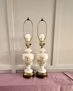 Pair of 50’s German Bavarian Bristol Satin hand painted Glass Lamps with Raised Gold Floral Design