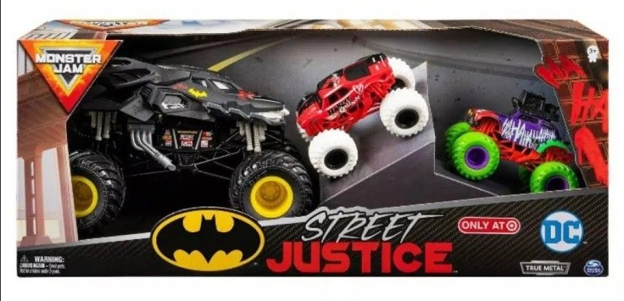 DieCast Monster-Jam Street Justice, 3 Pack (Batman, Harley Quinn, Joker) (BRAND NEW)