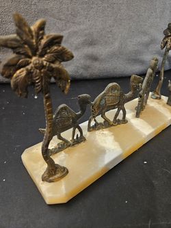 Bronze Camel Caravan Figurine on Stone Base with Palm Trees and Antique Finish