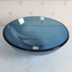 ELITE Clear Blue Tempered Bathroom Glass Vessel Sink GD10C