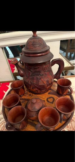 Carved Wooden Tea Set with Tray