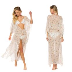 Agua Bendita Women's Kimono Sam Tunic Floral Tassel Eve White Swimsuit Cover
