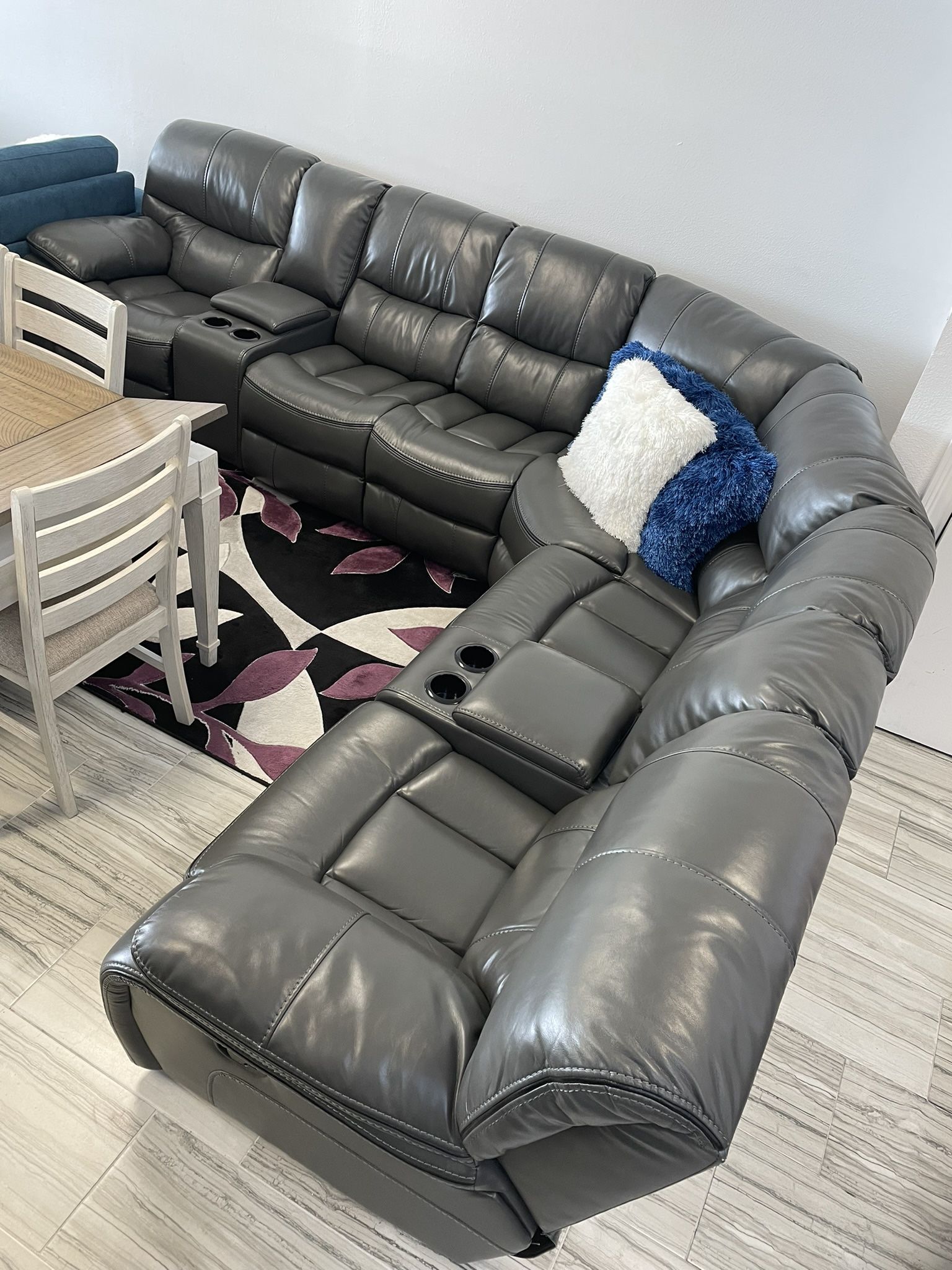 Madrid grey leather reclining sectional only $1499. Easy finance option. Same day delivery.