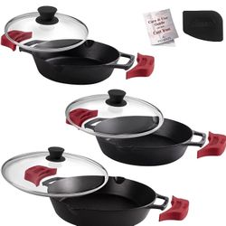 Cast Iron Skillet Set - 8"+10"+12"-Inch Dual Handle Frying Pans + Glass Lids

