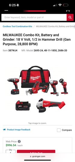 MILWAUKEE Combo Kit, Battery and Grinder: 18 V Volt, 1/2 in Hammer Drill (Gen Purpose, 28,800 BPM)  