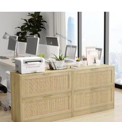 HOPUBUY 2 Drawer File Cabinet with Lock, Printer Stand Lateral Filing Cabinets for Home Office and School, Wood Rattan File Cabinet for Hanging Files/