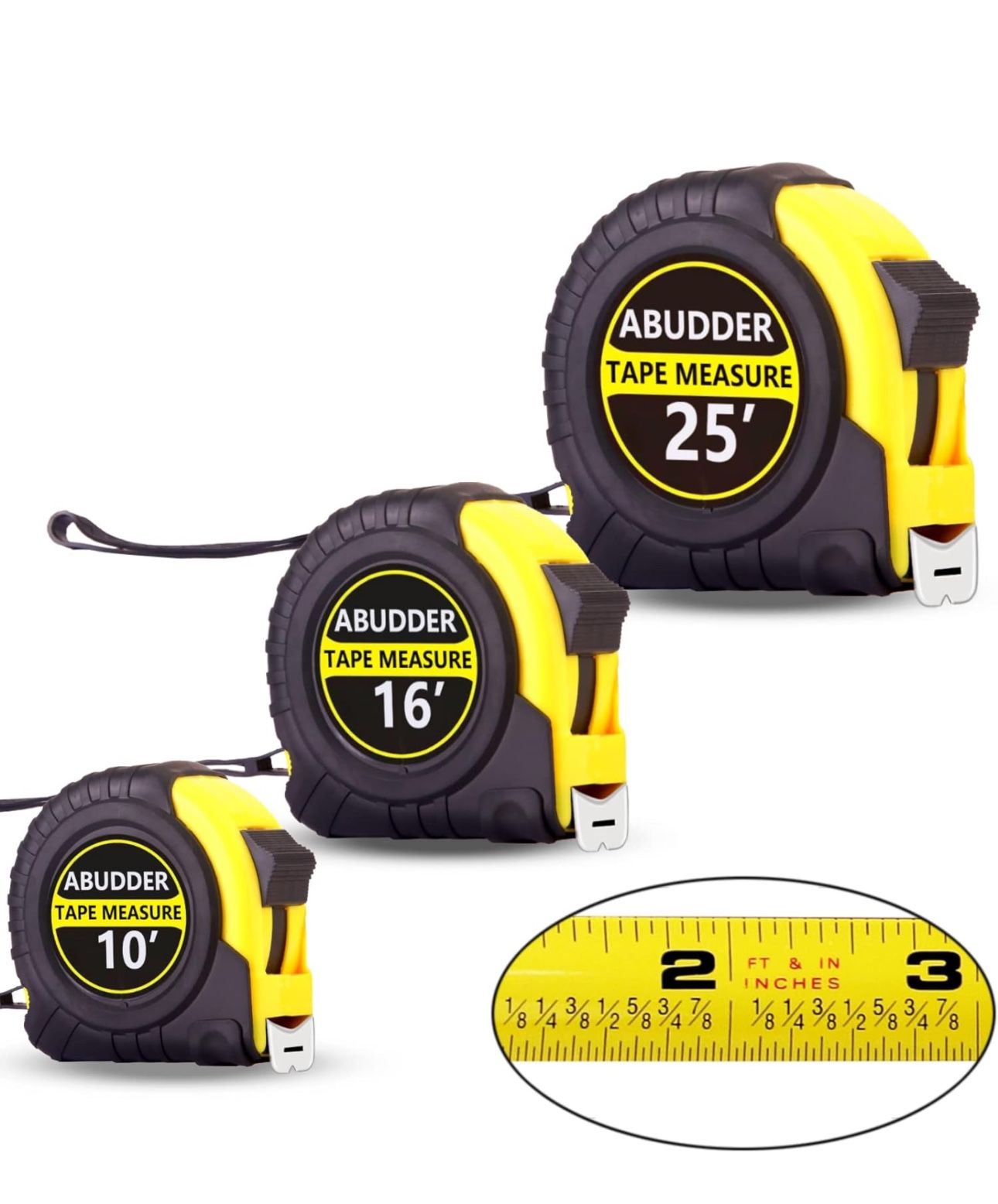 Tape Measure,3 Pack Bulk Measuring Tape Retractable with Fractions 1/8,Measurement Tape 10/16/25 FT (10FT&16FT&25FT, Yellow, 3)