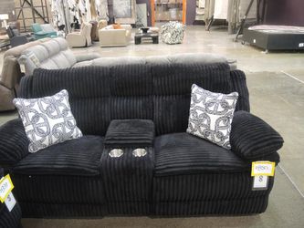 Black Plush Ribbed Reclining Console Loveseat - Rutherford Metro Mink