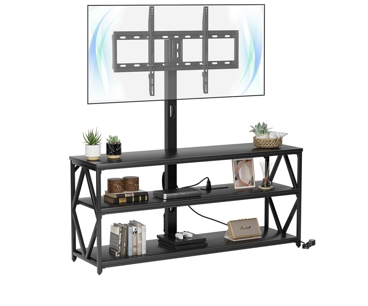 Swivel TV Stand with Mount for Television up to 75”, Entertainment Center with Power Outlet and Storage Shelves for Living Room, Black