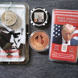 Donald Trump Mugshot Gift Set: We The People JFK Showpak, 10x Silver Cards, Coin, Poker Chip 