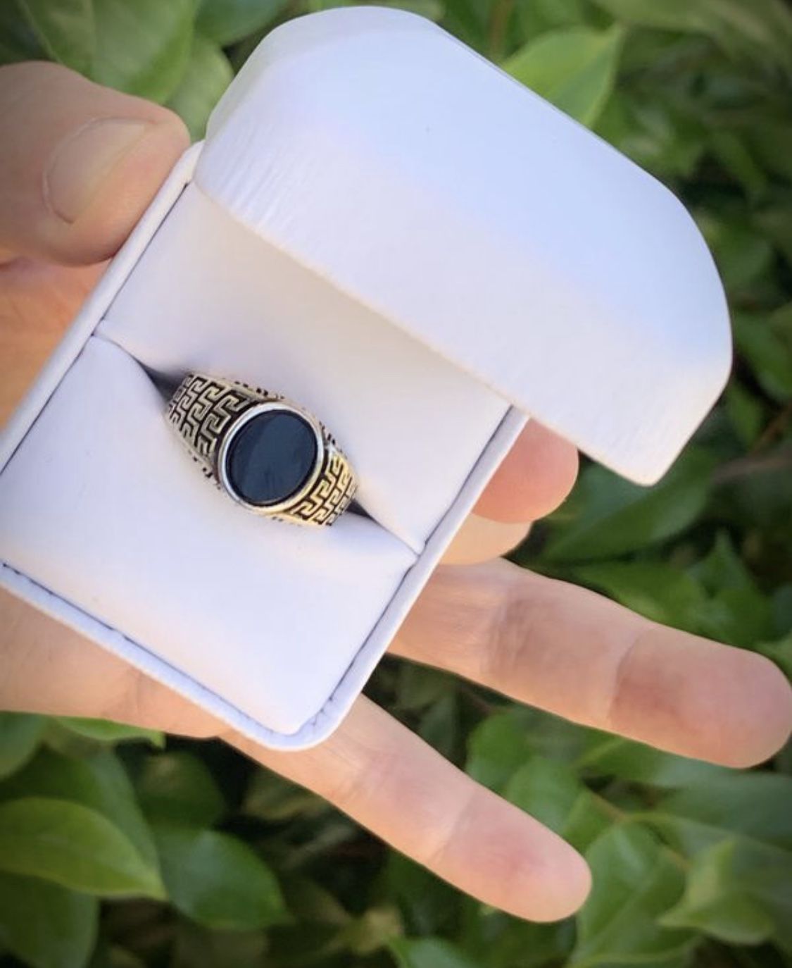 STATELY! Size 9 Solid 925 Sterling Silver GREEK KEY RING Gemstone: Smooth Oval Cut Cabochon Onyx MEN’S WOMEN’S UNISEX
