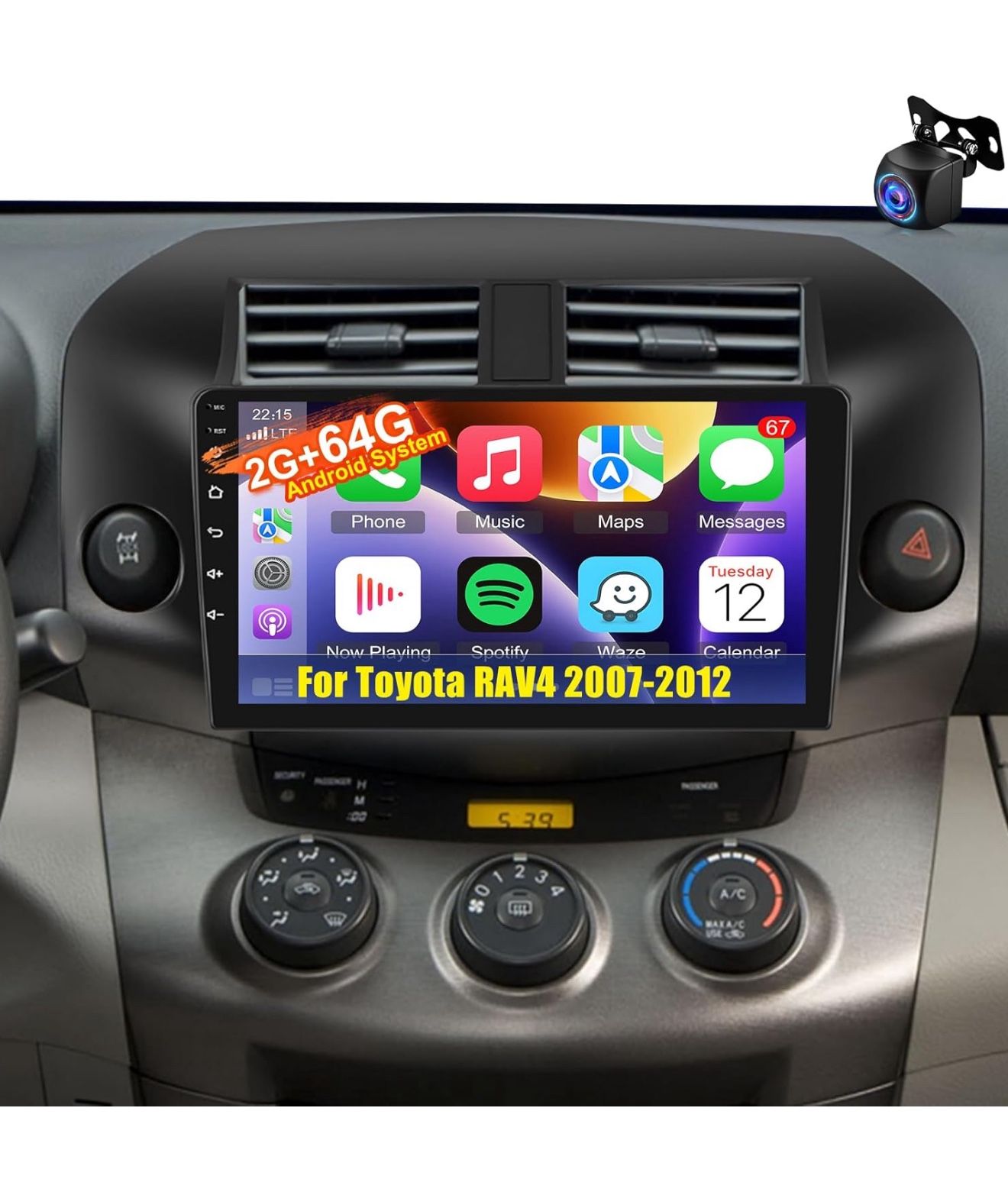 [2GB+64GB] Car Radio for Toyota RAV4 2007-2012 with Carplay&Android Auto, Volxcereo 10.1 inches Android Touch Screen RAV4 Car Stereo, 1080P/EQ Audio/B