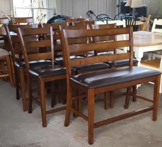 6 Bar Stool Dining Table Chairs/Rattan/ Tropical/ Resort/ Counter Height/Pub/ Nook/High/Country/ Dark Oak/Solid Wood/Rustic/Farmhouse/Breakfast