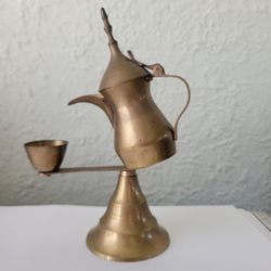 Vintage Brass Signed India Coffee Pot Handmade 8" MCM Decoration. Pre-owned, good condition