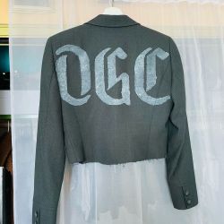 Cropped Gray Blazer with Safety Pin Lapels and Back Graphic