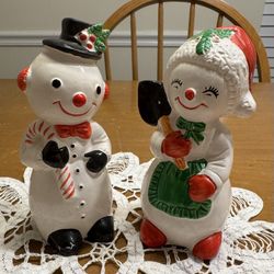 Vintage Enesco Ceramic Snowman Couple Figurines