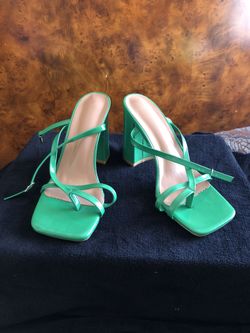 Green Square Toed Chunky Heels with AnkleStrap💚