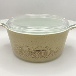 VTG Pyrex Forest Fancies Mushroom Beige Speckled Casserole Dish #474-B w/ Lid 474-09 1.5 l 