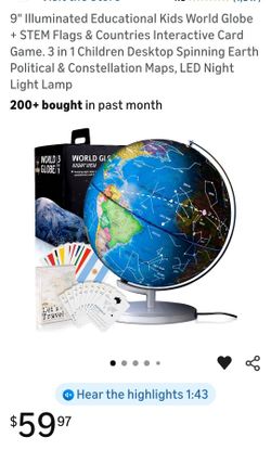 9" Illuminated Educational Kids World Globe + STEM Flags & Countries Interactive Card Game. 3 in 1 Children Desktop Spinning Earth Political & Constel