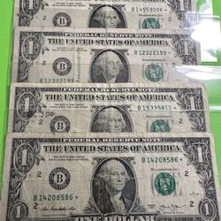 2013 B $ 1 Dollar Bill Star Notes Lot OfFour (4) New York Currency