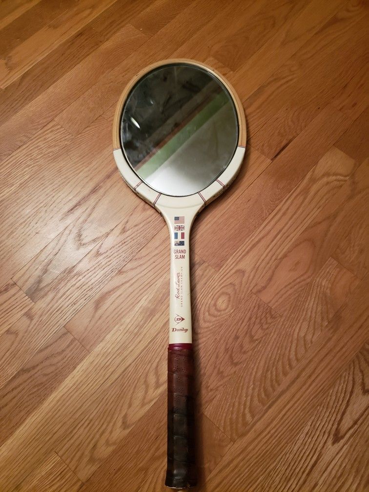 Vintage oval wooden tennis racket wall mirror

