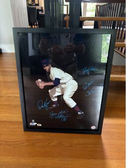 Ernie Banks Cooperstown Collection photo framed/signed by 6 former Cubs stars, 16x20. Signed by..,