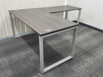 (2) L-Shaped Office Desks 77x60 - Gray Woodgrain, Modern Metal Frame