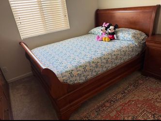 Wood Sleigh Bed Frame with queen size box and mattress