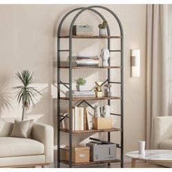 New 5-Tier Arched Bookshelf Industrial Open Storage Shelf, Display Bookshelves with Metal Frame, Rustic Wood Tall Bookcase for Living Room, Home Offic