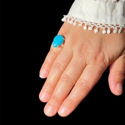 6 Carat Natural Persian Turquoise Teardrop Ring 925 Sterling Silver - Size 5.25