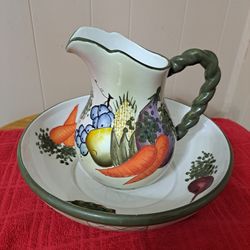 Handpainted Ceramic Picture & Bowl Pacific Rim China Fruit & vegetables matching Fruit bowl & Pitcher. 