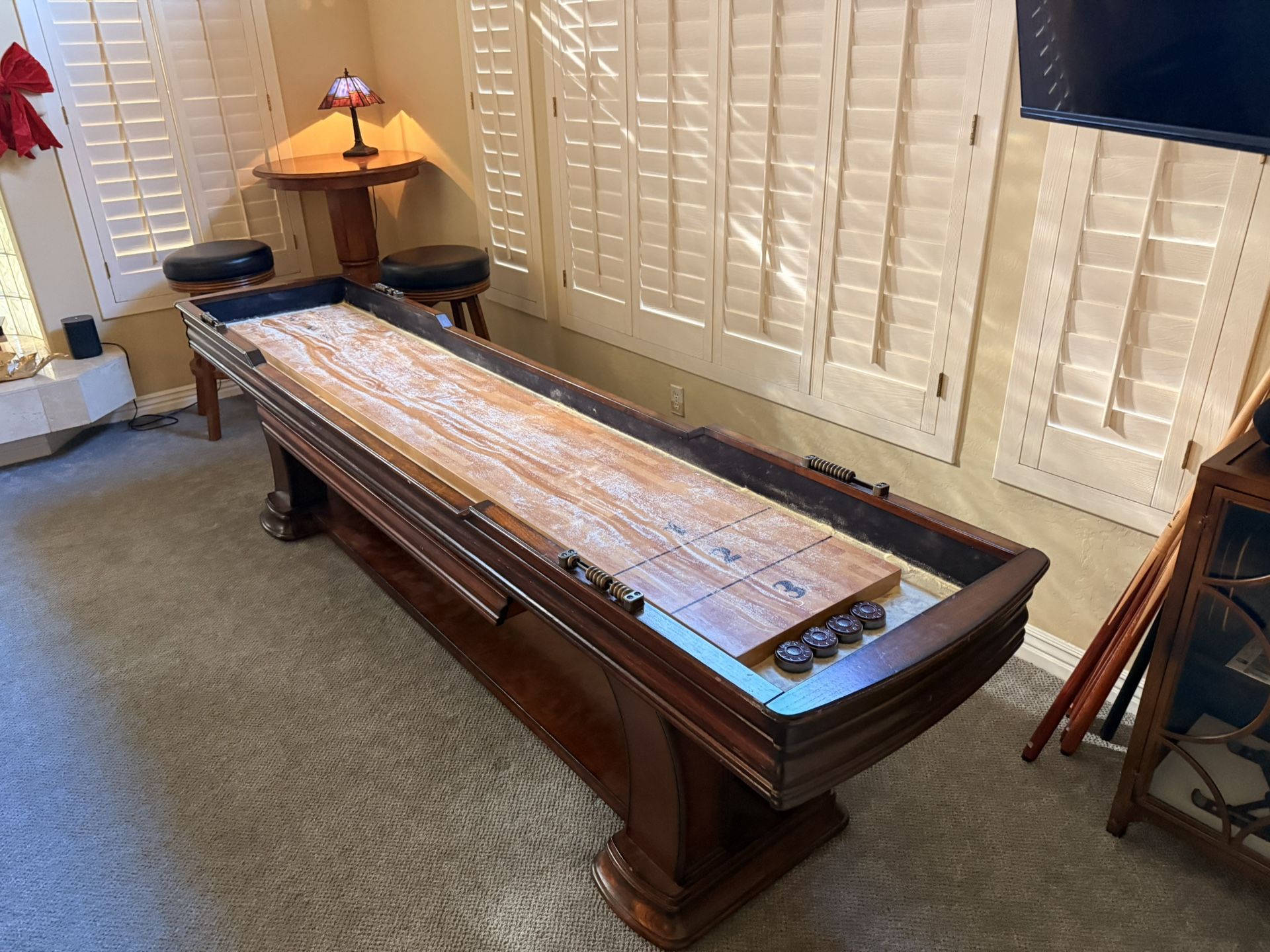 Shuffleboard Table w/ Storage, Sand, Pucks & Bowling Game – Great Condition