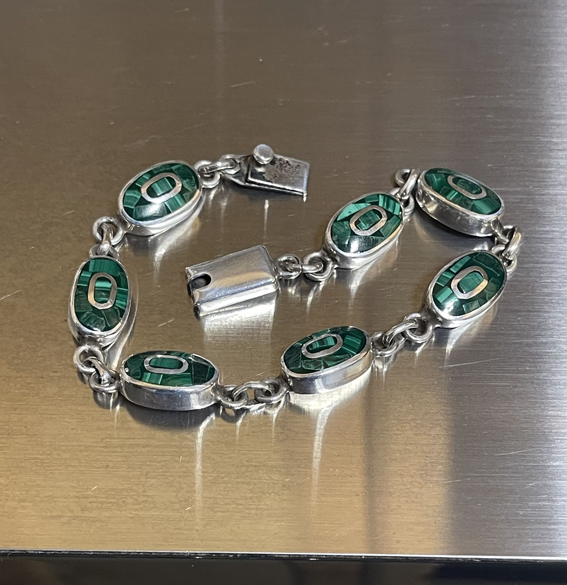 VTG Taxco Mexico Sterling Silver Bracelet .925 Malaquite Inlay 39 Grams