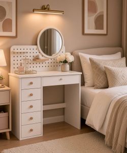 Vanity Desk with Mirror and Lights, Adjustable Color Lighting Bedroom Dresser